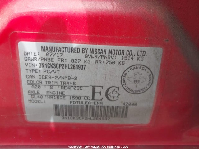 3N1CK3CP2HL264937 Nissan Micra S/sr/sv