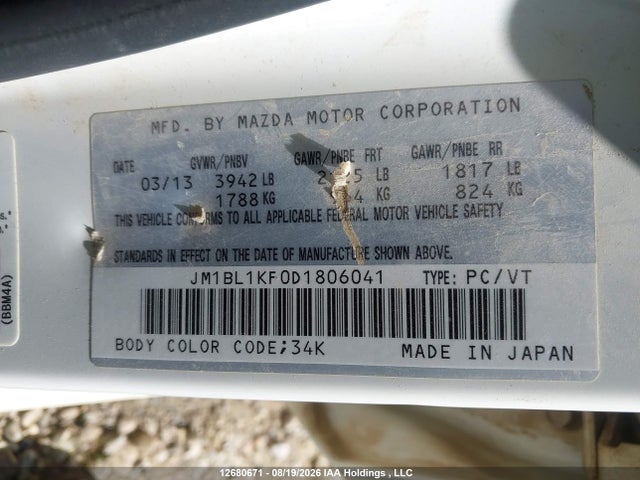 Aukcja sprzedaży 2013 Mazda Mazda3 Gx, vin: JM1BL1KF0D1806041, numer aukcji: 12680671