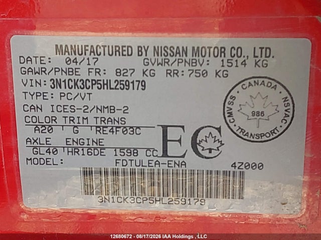 Продажа на аукционе авто 2017 Nissan Micra S/sr/sv, vin: 3N1CK3CP5HL259179, номер лота: 12680672