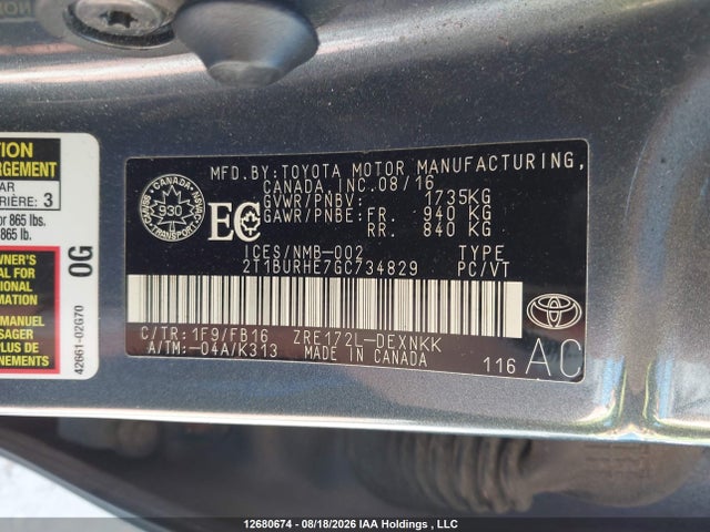 Продаж на аукціоні авто 2016 Toyota Corolla Le, vin: 2T1BURHE7GC734829, номер лоту: 12680674