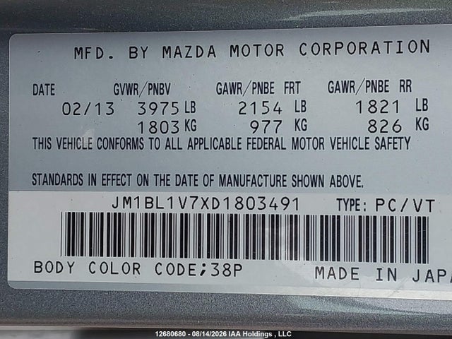 2013 Mazda 3 I მანქანა იყიდება აუქციონზე, vin: JM1BL1V7XD1803491, აუქციონის ნომერი: 12680680