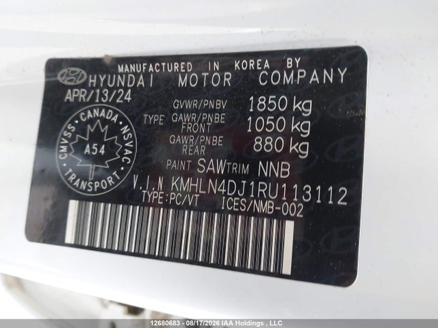 2024 Hyundai Elantra Hybrid Luxury მანქანა იყიდება აუქციონზე, vin: KMHLN4DJ1RU113112, აუქციონის ნომერი: 12680683