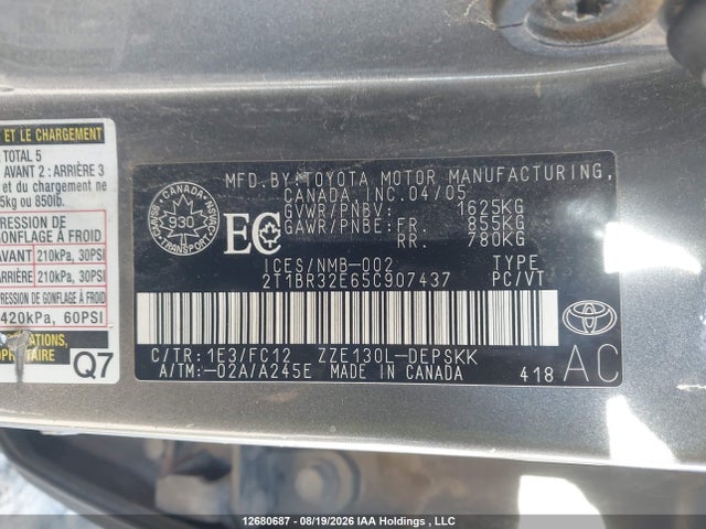Aukcja sprzedaży 2005 Toyota Corolla Ce/le/sport, vin: 2T1BR32E65C907437, numer aukcji: 12680687