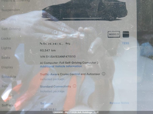 12680690 :رقم المزاد ، 5YJSA1E54NF471500 vin ، 2022 Tesla Model S Awd مزاد بيع
