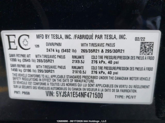 12680690 :رقم المزاد ، 5YJSA1E54NF471500 vin ، 2022 Tesla Model S Awd مزاد بيع