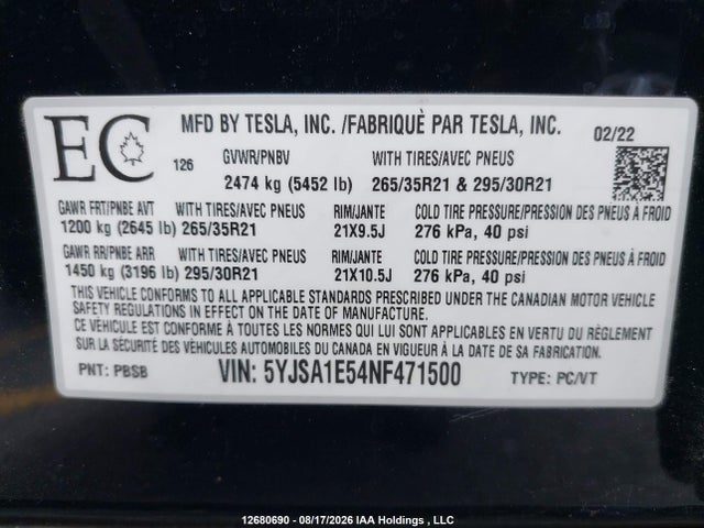 12680690 :رقم المزاد ، 5YJSA1E54NF471500 vin ، 2022 Tesla Model S Awd مزاد بيع