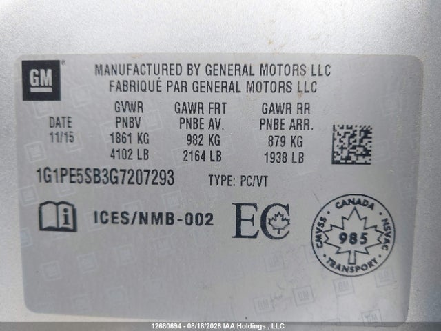 Продажа на аукционе авто 2016 Chevrolet Cruze Limited Lt, vin: 1G1PE5SB3G7207293, номер лота: 12680694
