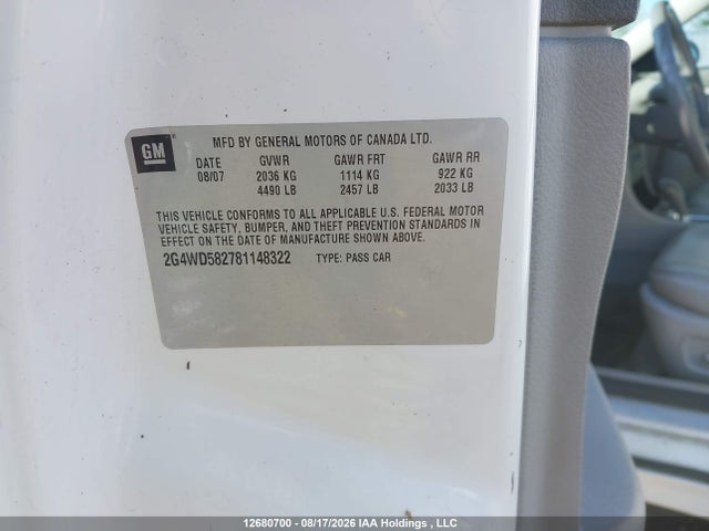 12680700 :رقم المزاد ، 2G4WD582781148322 vin ، 2008 Buick Lacrosse Cxl مزاد بيع