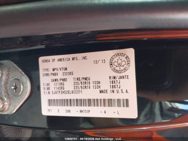Aukcja sprzedaży 2014 Honda Crosstour, vin: 5J6TF2H52EL800371, numer aukcji: 12680701