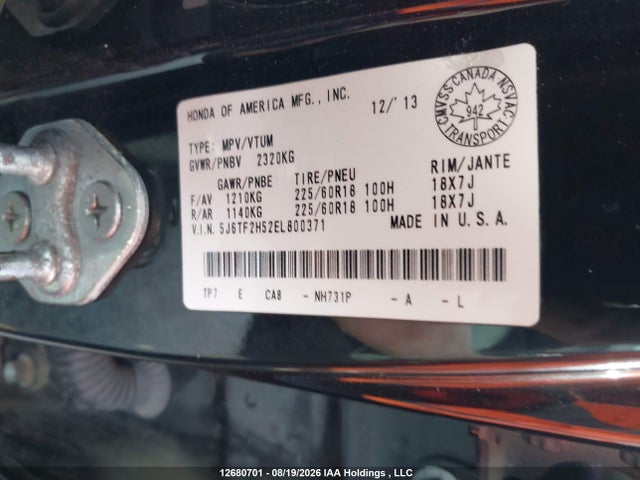Aukcja sprzedaży 2014 Honda Crosstour, vin: 5J6TF2H52EL800371, numer aukcji: 12680701