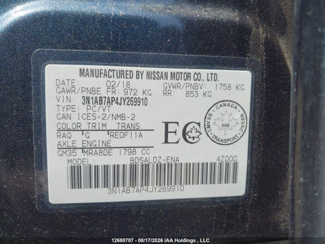 2018 Nissan Sentra S/sv/sr/sl მანქანა იყიდება აუქციონზე, vin: 3N1AB7AP4JY269910, აუქციონის ნომერი: 12680707