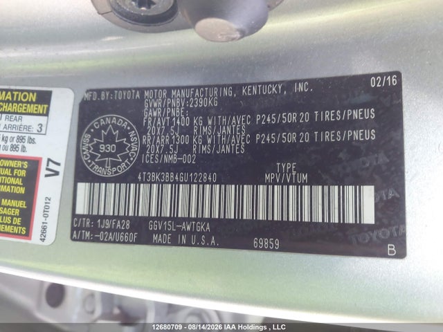 Продажа на аукционе авто 2016 Toyota Venza Xle, vin: 4T3BK3BB4GU122840, номер лота: 12680709