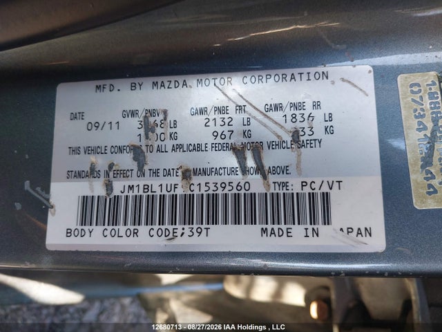 12680713 :رقم المزاد ، JM1BL1UF9C1539560 vin ، 2012 Mazda Mazda3 Gx مزاد بيع