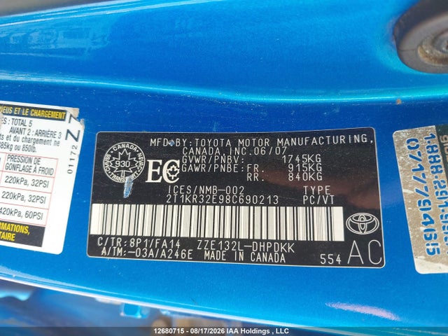 12680715 :رقم المزاد ، 2T1KR32E98C690213 vin ، 2008 Toyota Corolla Matrix Xr مزاد بيع