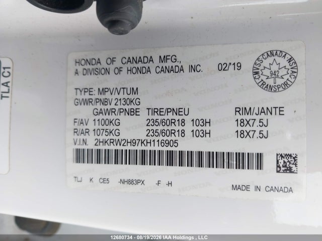 Honda Cr-v Touring 2019 2HKRW2H97KH116905 Image 18