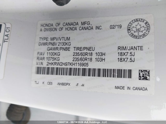 Honda Cr-v Touring 2019 2HKRW2H97KH116905 Image 9