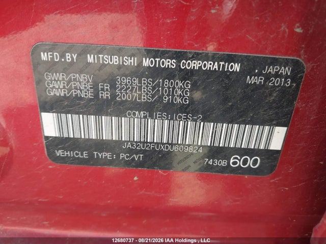 2013 Mitsubishi Lancer Se მანქანა იყიდება აუქციონზე, vin: JA32U2FUXDU609824, აუქციონის ნომერი: 12680737