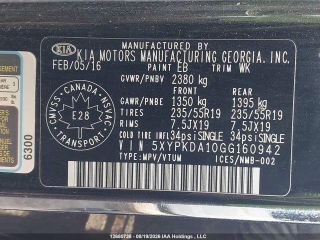 Продажа на аукционе авто 2016 Kia Sorento Sx/sx Limited, vin: 5XYPKDA10GG160942, номер лота: 12680738