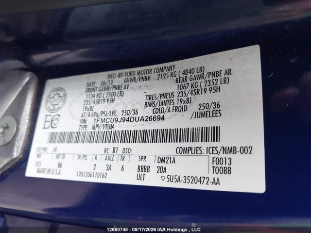 2013 Ford Escape Titanium მანქანა იყიდება აუქციონზე, vin: 1FMCU9J94DUA26694, აუქციონის ნომერი: 12680748
