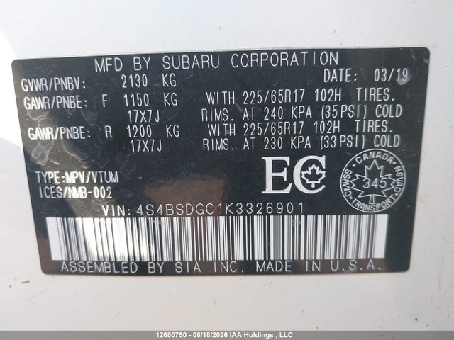 12680750 :رقم المزاد ، 4S4BSDGC1K3326901 vin ، 2019 Subaru Outback 2.5i Touring مزاد بيع