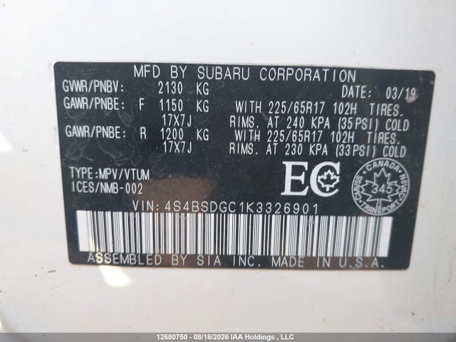 12680750 :رقم المزاد ، 4S4BSDGC1K3326901 vin ، 2019 Subaru Outback 2.5i Touring مزاد بيع