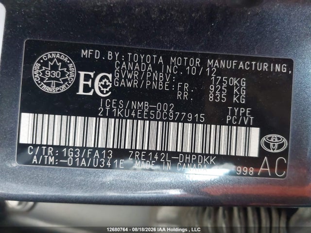12680764 :رقم المزاد ، 2T1KU4EE5DC977915 vin ، 2013 Toyota Matrix مزاد بيع