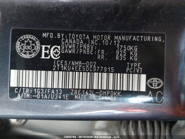 12680764 :رقم المزاد ، 2T1KU4EE5DC977915 vin ، 2013 Toyota Matrix مزاد بيع