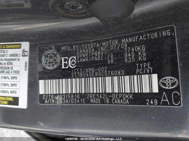 Aukcja sprzedaży 2009 Toyota Corolla S/le/xle, vin: 2T1BU40E89C076083, numer aukcji: 12680786
