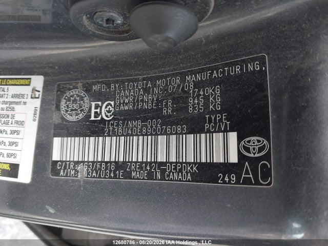 Aukcja sprzedaży 2009 Toyota Corolla S/le/xle, vin: 2T1BU40E89C076083, numer aukcji: 12680786
