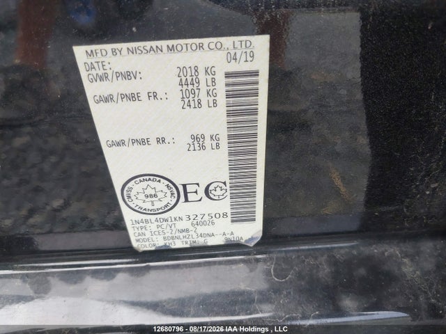 1N4BL4DW1KN327508 Nissan Altima 2.5 Sv