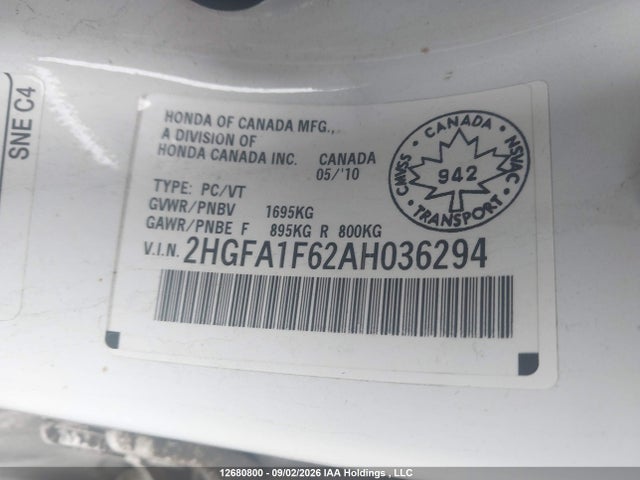 Aukcja sprzedaży 2010 Honda Civic Sport, vin: 2HGFA1F62AH036294, numer aukcji: 12680800