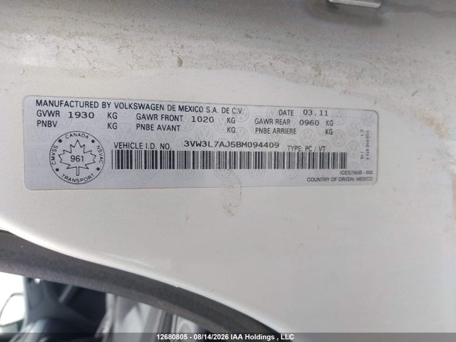 2011 Volkswagen Jetta Tdi მანქანა იყიდება აუქციონზე, vin: 3VW3L7AJ5BM094409, აუქციონის ნომერი: 12680805