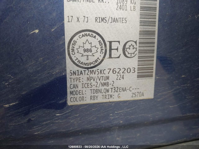 5N1AT2MV5KC762203 Nissan Rogue S/sl/sv