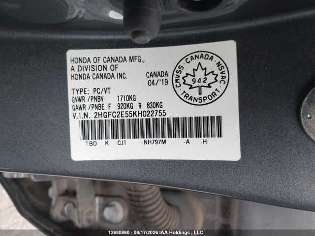 2HGFC2E55KH022755 Honda Civic