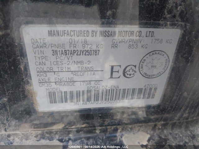 3N1AB7AP2JY250787 Nissan Sentra 1.8 S/1.8 Sv/1.8 Sv Midnight Edition