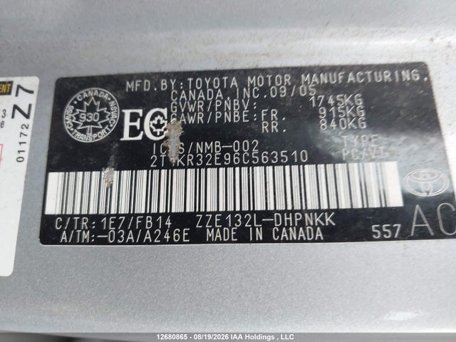 12680865 :رقم المزاد ، 2T1KR32E96C563510 vin ، 2006 Toyota Corolla Matrix Xr مزاد بيع
