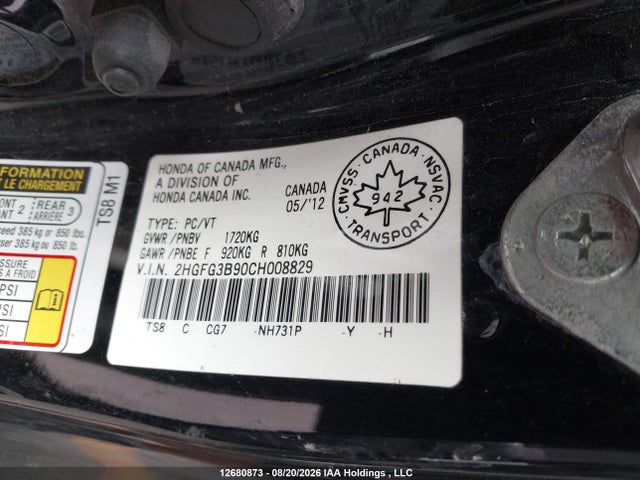 12680873 :رقم المزاد ، 2HGFG3B90CH008829 vin ، 2012 Honda Civic Ex-l مزاد بيع