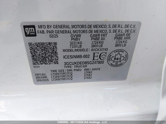Aukcja sprzedaży 2025 Chevrolet Silverado K1500 Lt, vin: 3GCUKDED8SG247800, numer aukcji: 12680892