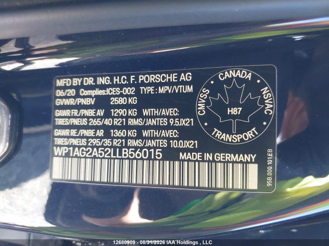 12680909 :رقم المزاد ، WP1AG2A52LLB56015 vin ، 2020 Porsche Macan Gts مزاد بيع