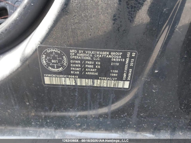 2013 Volkswagen Passat 2.0 Tdi Highline მანქანა იყიდება აუქციონზე, vin: 1VWCN7A32DC150693, აუქციონის ნომერი: 12631060