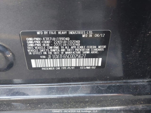 12664872 :رقم المزاد ، JF1GV7F65CG025627 vin ، 2012 Subaru Wrx Limited مزاد بيع