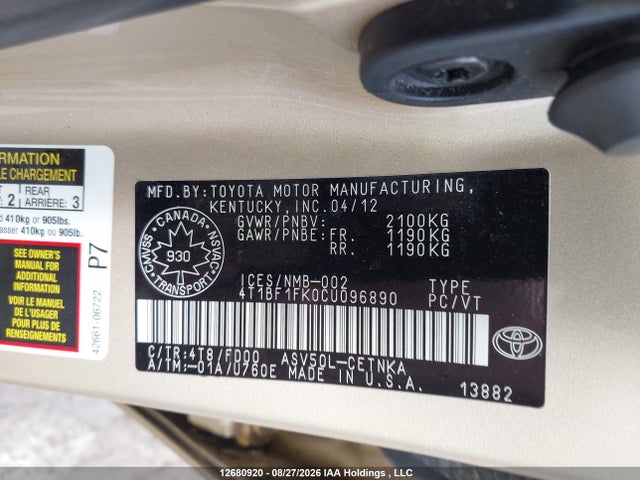 Aukcja sprzedaży 2012 Toyota Camry Se/le/xle, vin: 4T1BF1FK0CU096890, numer aukcji: 12680920