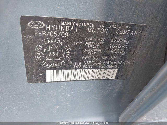 Продажа на аукционе авто 2009 Hyundai Elantra Gls, vin: KMHDU45D49U696016, номер лота: 12680932