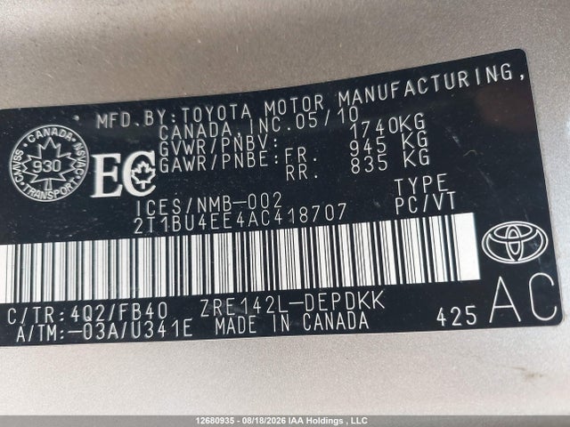 Продажа на аукционе авто 2010 Toyota Corolla S/le/xle, vin: 2T1BU4EE4AC418707, номер лота: 12680935