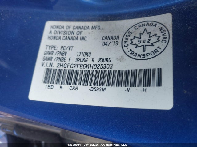2019 Honda Civic მანქანა იყიდება აუქციონზე, vin: 2HGFC2F86KH025303, აუქციონის ნომერი: 12680941
