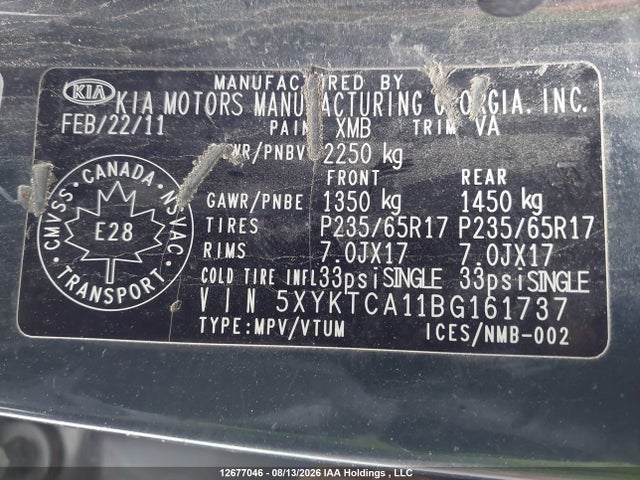 12677046 :رقم المزاد ، 5XYKTCA11BG161737 vin ، 2011 Kia Sorento Lx مزاد بيع