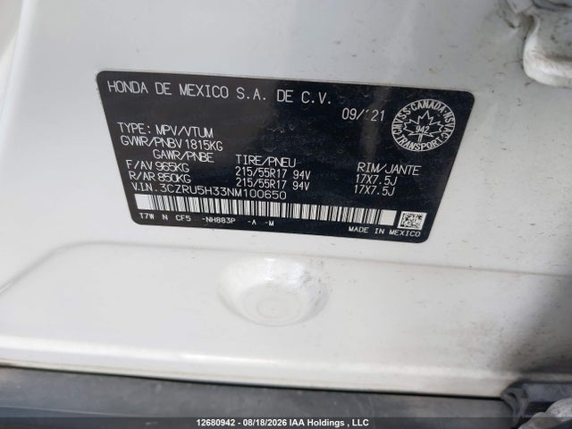 Продажа на аукционе авто 2022 Honda Hr-v, vin: 3CZRU5H33NM100650, номер лота: 12680942
