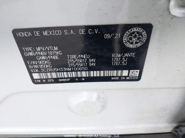 Продажа на аукционе авто 2022 Honda Hr-v, vin: 3CZRU5H33NM100650, номер лота: 12680942