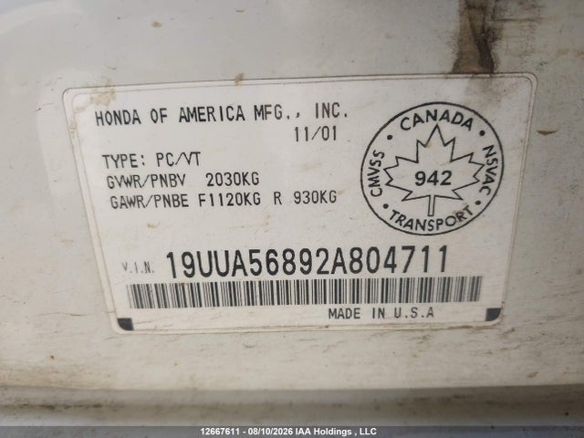 Продажа на аукционе авто 2002 Acura Tl 3.2 Type S, vin: 19UUA56892A804711, номер лота: 12667611