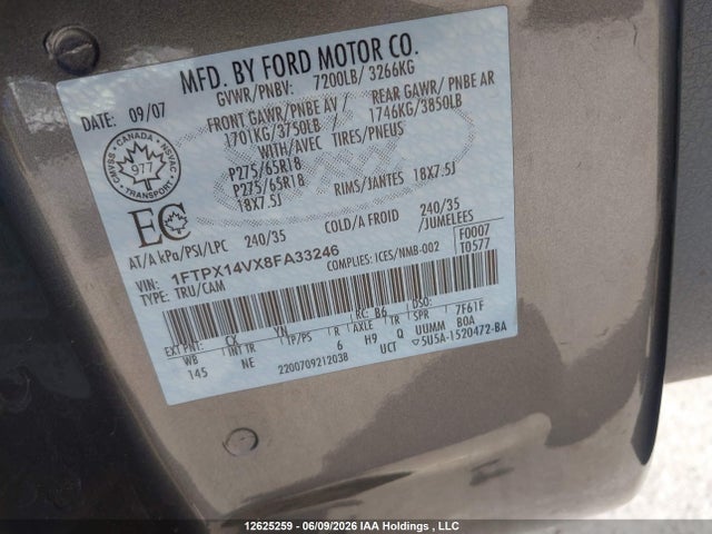12625259 :رقم المزاد ، 1FTPX14VX8FA33246 vin ، 2008 Ford F-150 Xlt مزاد بيع
